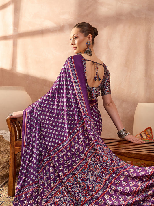 Ajrakh Printed Silk Saree with Mirror Work Detailing - Purple