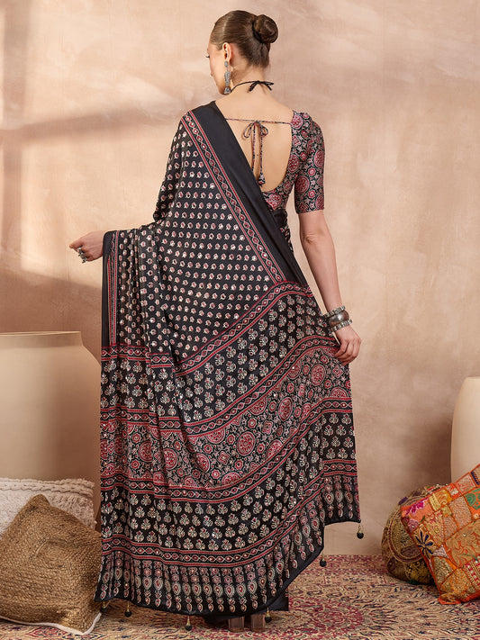 Ajrakh Printed Silk Saree with Mirror Work Detailing - Black