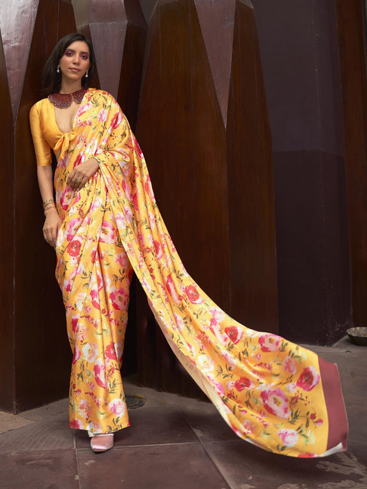 Luxe Satin Printed Saree - Mustard Yellow