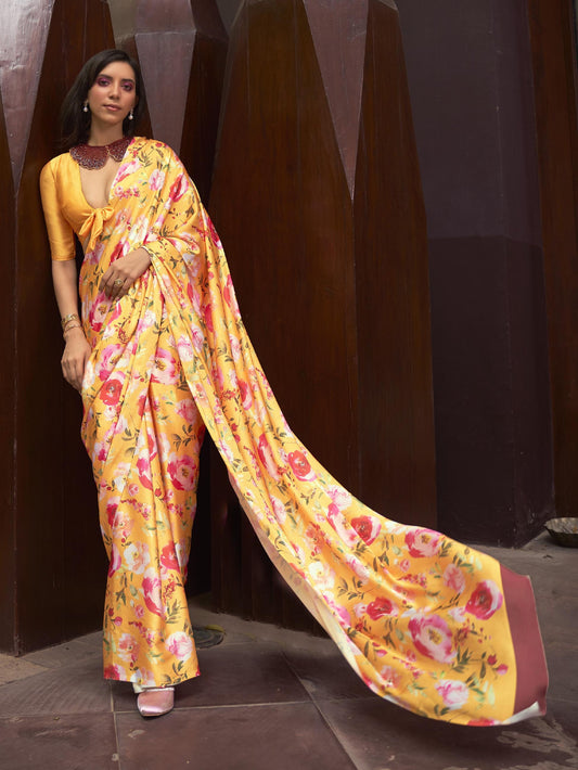 Printed Satin‑Crepe Saree - Mustard Yellow