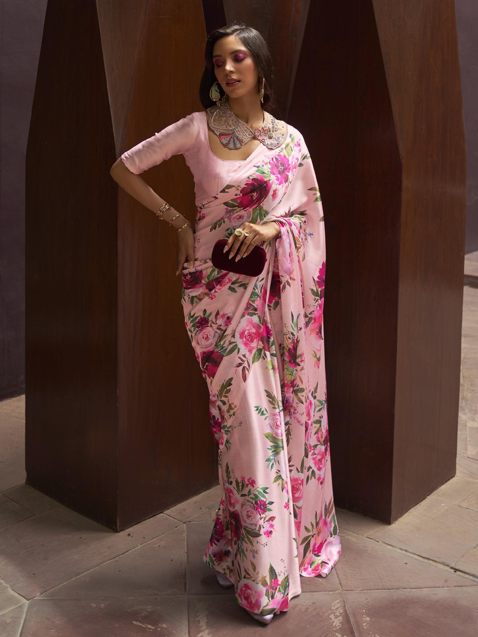 Luxe Satin Printed Saree - Baby Pink