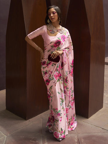 Luxe Satin Printed Saree - Baby Pink