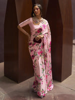 Luxe Satin Printed Saree - Baby Pink