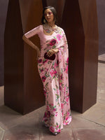 Printed Satin‑Crepe Saree - Baby Pink