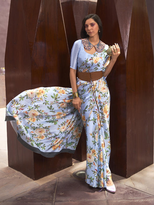 Printed Satin‑Crepe Saree - Sky Blue
