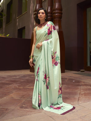 Luxe Satin Printed Saree - Mint Green