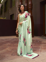 Printed Satin‑Crepe Saree - Mint Green