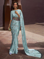 Luxe Satin Printed Saree - Aqua Blue