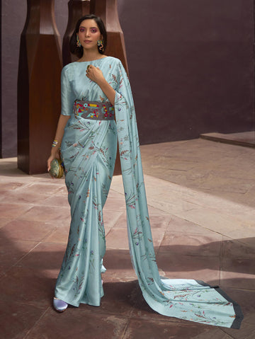Printed Satin‑Crepe Saree - Sky Blue