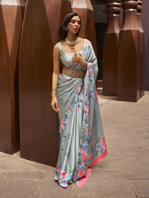 Luxe Satin Printed Saree - Sage Green