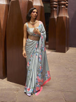 Printed Satin‑Crepe Saree - Sage Green