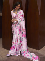 Printed Satin‑Crepe Saree - Light Pink