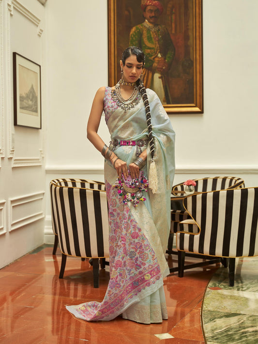 Modal Silk Saree with Kashmiri Pallu & Blouse - Light Blue