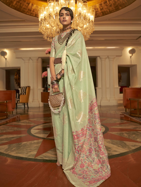 Modal Silk Saree with Kashmiri Pallu & Blouse - Mint Green