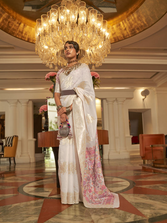Modal Silk Saree with Kashmiri Pallu & Blouse - Pearl White