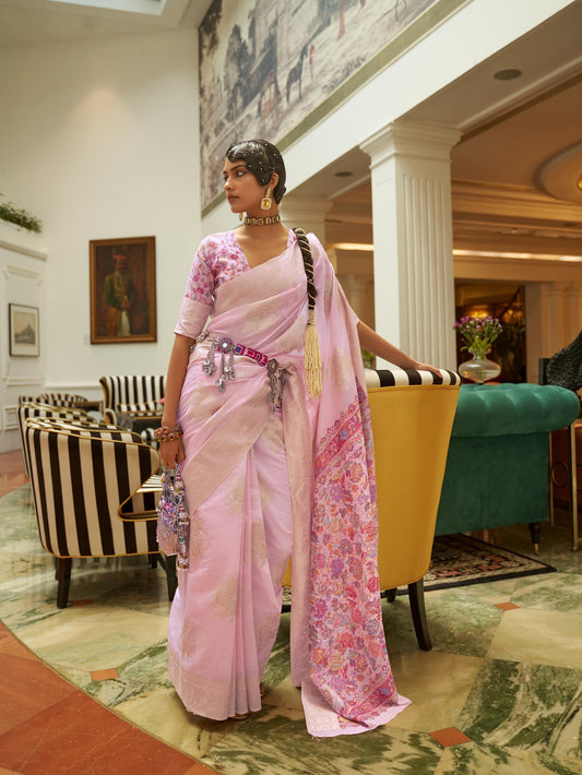 Modal Silk Saree with Kashmiri Pallu & Blouse - Soft Pink