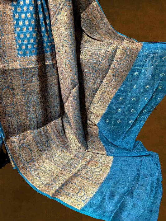 Peacock Blue Pure Khaddi Georgette Banarasi Silk Saree