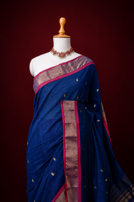 Blue Handwoven Cotton Paithani With Pink Coloured Contrast Border