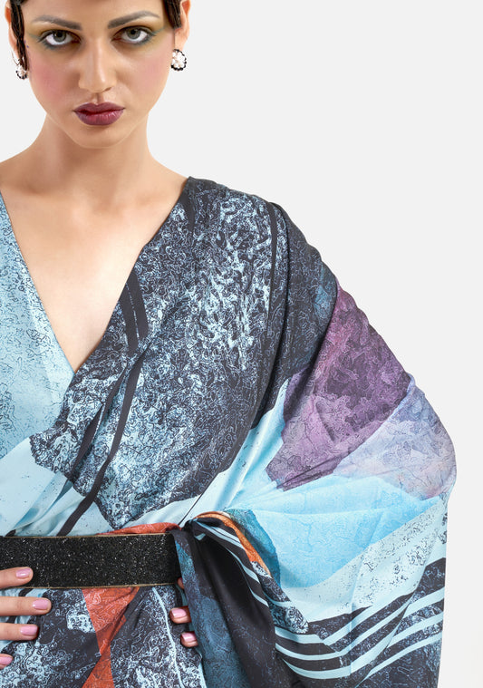 Luxe Satin Printed Saree - Sky Blue and Red