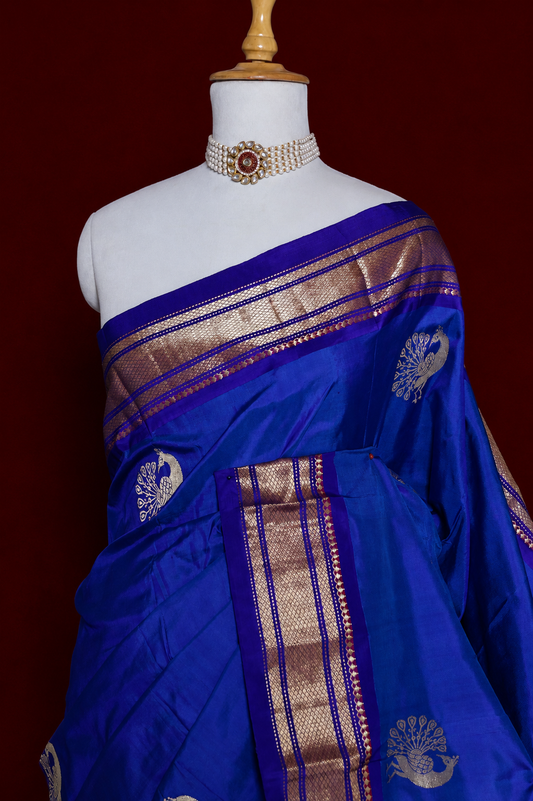 Pure Handloom Cotton Paithani Royal Blue Saree with Pichwai Cow Pallu Gold Zari