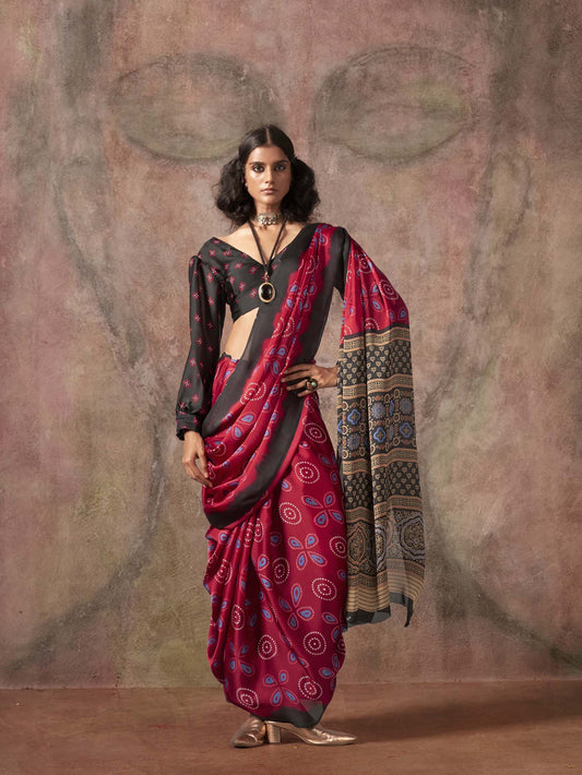 Ajrakh Printed Satin Saree - Black Rani
