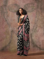 Ajrakh Printed Satin Saree - Black Pink