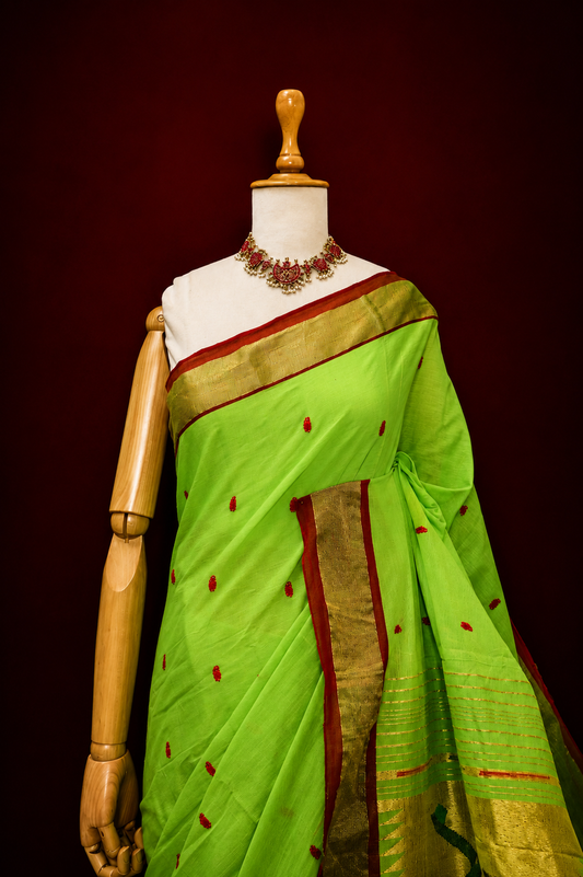 Pista Handwoven Cotton Paithani with Red Contrast Border