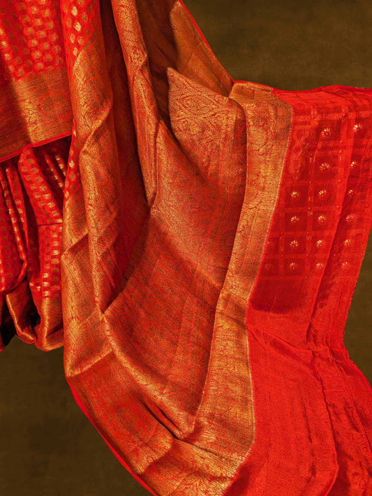 Tomato Red Pure Khaddi Georgette Banarasi Silk Saree
