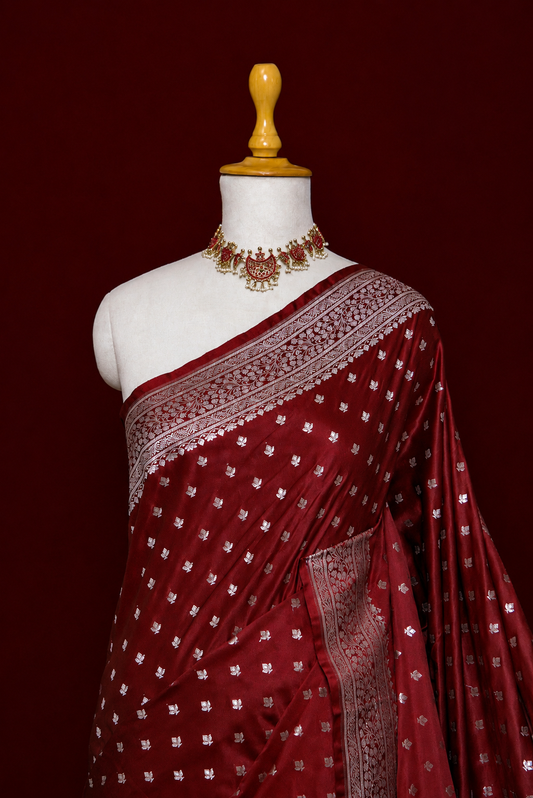 Banarasi Royal Burgundy Katan Silk Saree with Silver Zari
