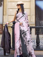 Printed Satin‑Crepe Saree - Blush Pink and Black Ink Print