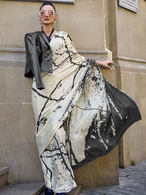 Printed Satin‑Crepe Saree - Cream and Charcoal Brush Stroke