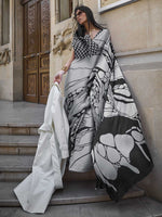 Printed Satin‑Crepe Saree - Grey and White Line Art