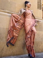 Printed Satin‑Crepe Saree - Terracotta and Clay Artistic Print