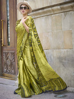 Printed Satin‑Crepe Saree - Olive Green with Map-Like Print