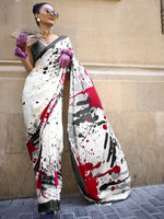 Printed Satin‑Crepe Saree - Off-White with Red and Black Ink Splash