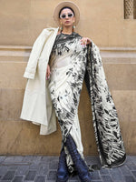 Printed Satin‑Crepe Saree - Ivory and Black Abstract Botanicals