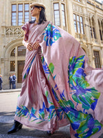 Printed Satin‑Crepe Saree - Dusty Pink with Tropical Floral Print
