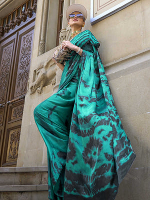 Printed Satin‑Crepe Saree - Emerald Green Tie-Dye Effect