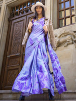 Printed Satin‑Crepe Saree - Soft Lavender Watercolor Print