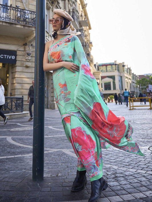 Pure Silk Printed Crepe Saree - Mint Green