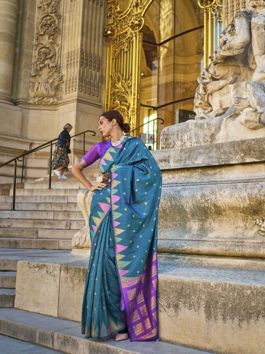 Handloom Khaddi‑Silk Saree - Peacock Blue