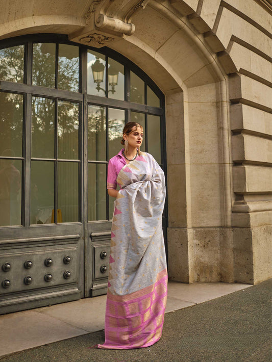 Handloom Khaddi‑Silk Saree - Pearl Grey with Pink