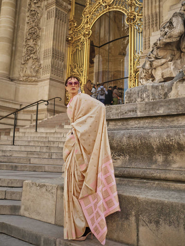 Handloom Khaddi‑Silk Saree - Soft Beige with Peach