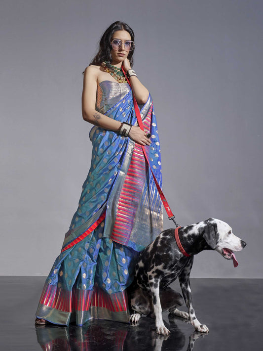 Handwoven Weaving Silk Saree - Blue
