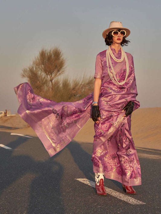 Printed Tussar Silk Saree - Dusty Lilac