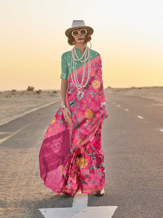Printed Tussar Silk Saree - Hot Pink