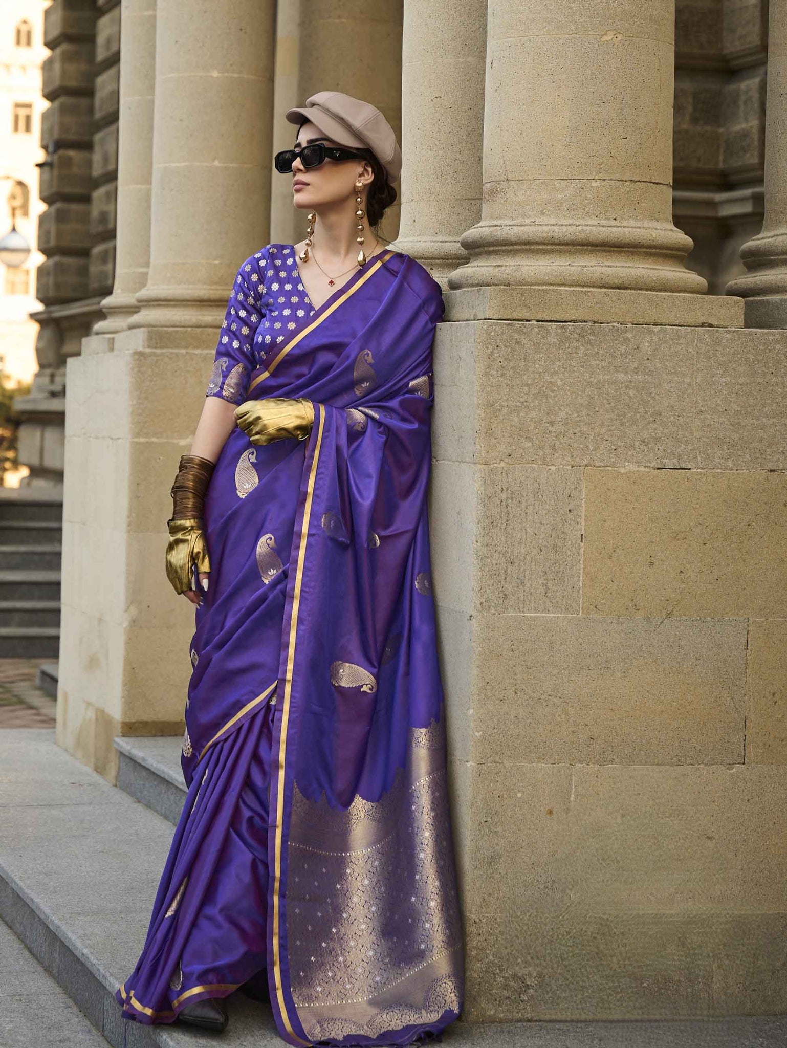 Pure Satin Handloom Weaving Silk Saree with Zari Buti & Heavy Pallu - Royal Purple