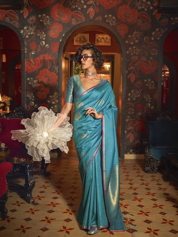 Handloom Weaving Silk Saree - Teal Blue