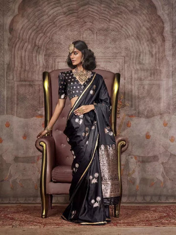 Traditional Pichwai Banarasi Saree - Midnight Black