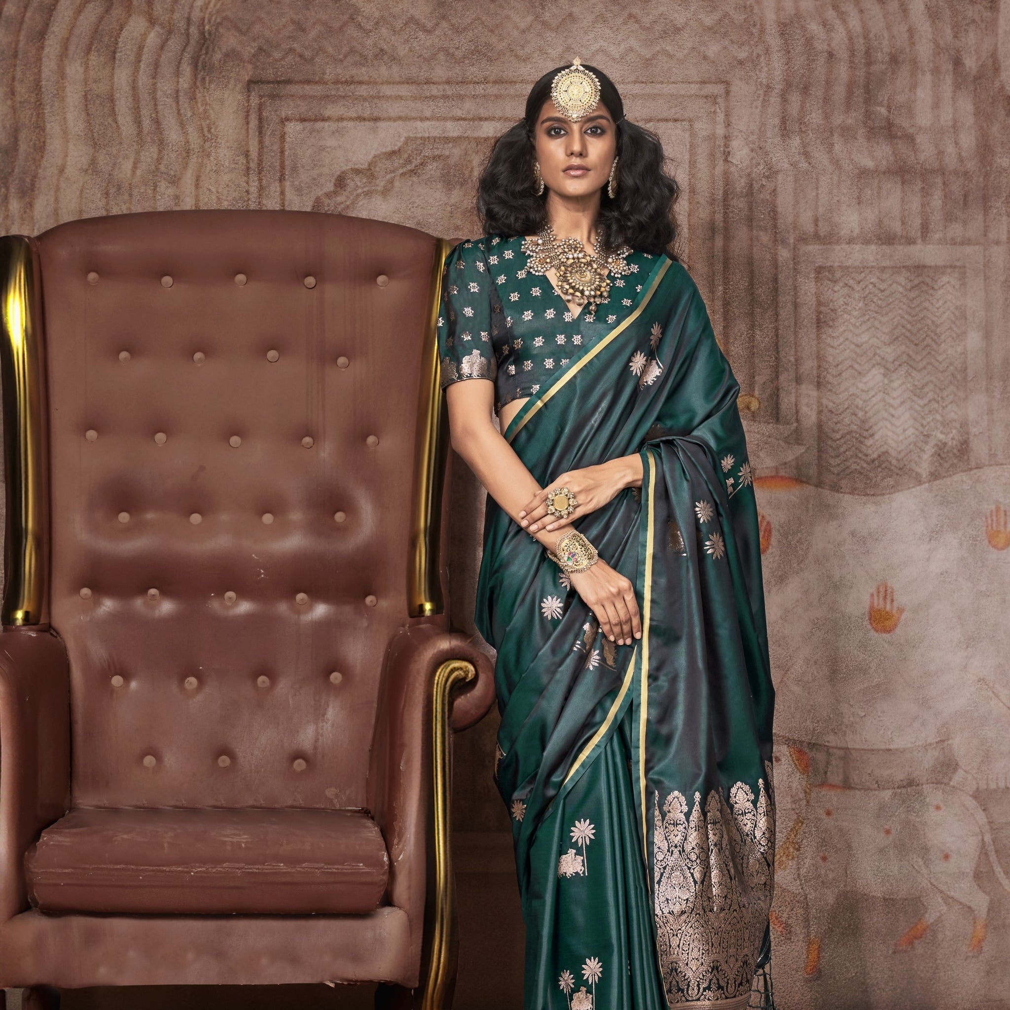 Traditional Pichwai Banarasi Saree - Emerald Green